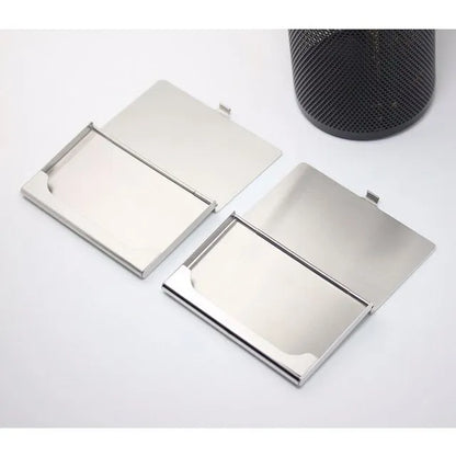 304 stainless steel business card case with geometric laser etching and brushed mirror finish.