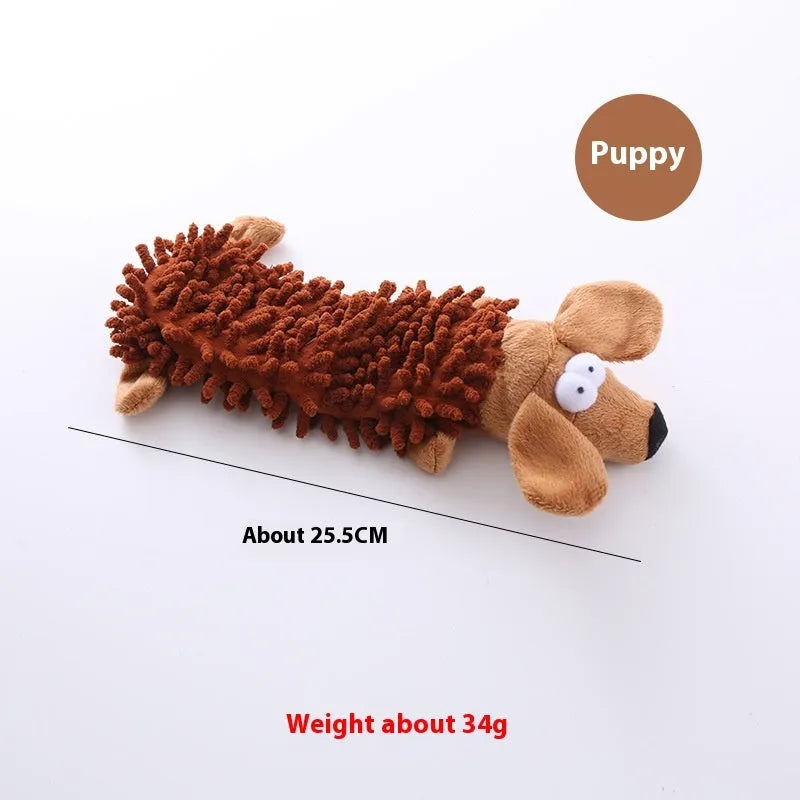 Plush horse molar dog toy in various animal colour designs including brown dog and yellow duck.