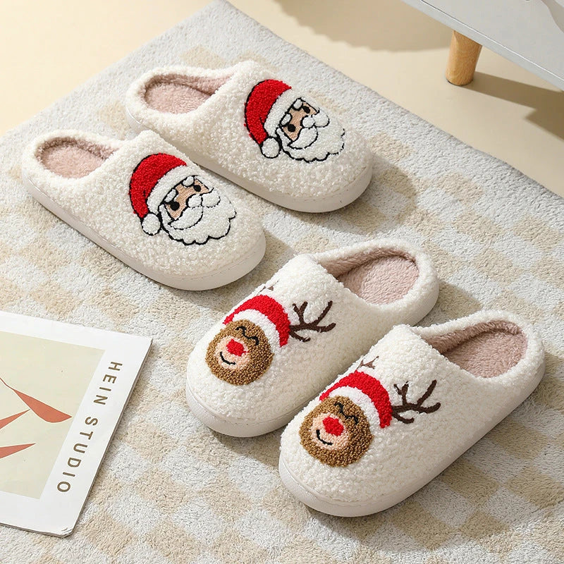 Cozy Christmas slippers in festive designs of Santa Claus, Moose, and Gingerbread Man