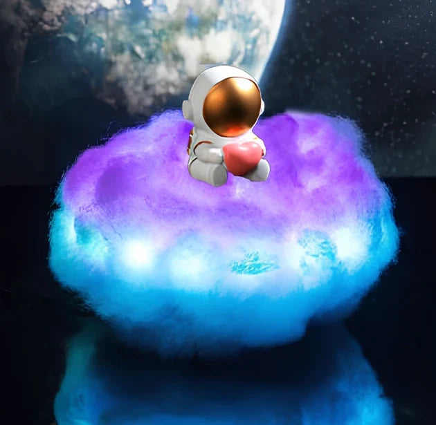 LED colourful clouds astronaut lamp with rainbow effect on wooden stand