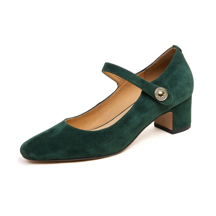 Women's black suede Mary Jane shoes with chunky heels and square toe design