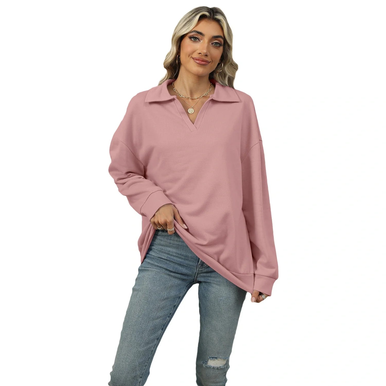 Stylish women's V-neck lapel sweatshirt in various colors