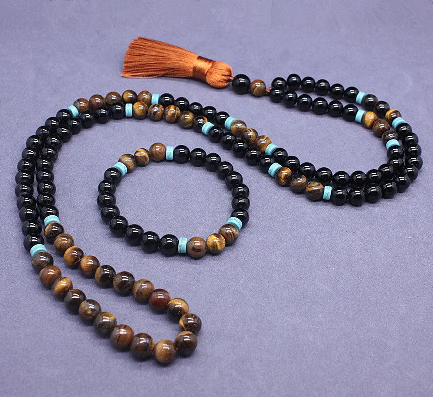 Black agate bracelet and tiger's eye stone necklace jewellery set with geometric shapes