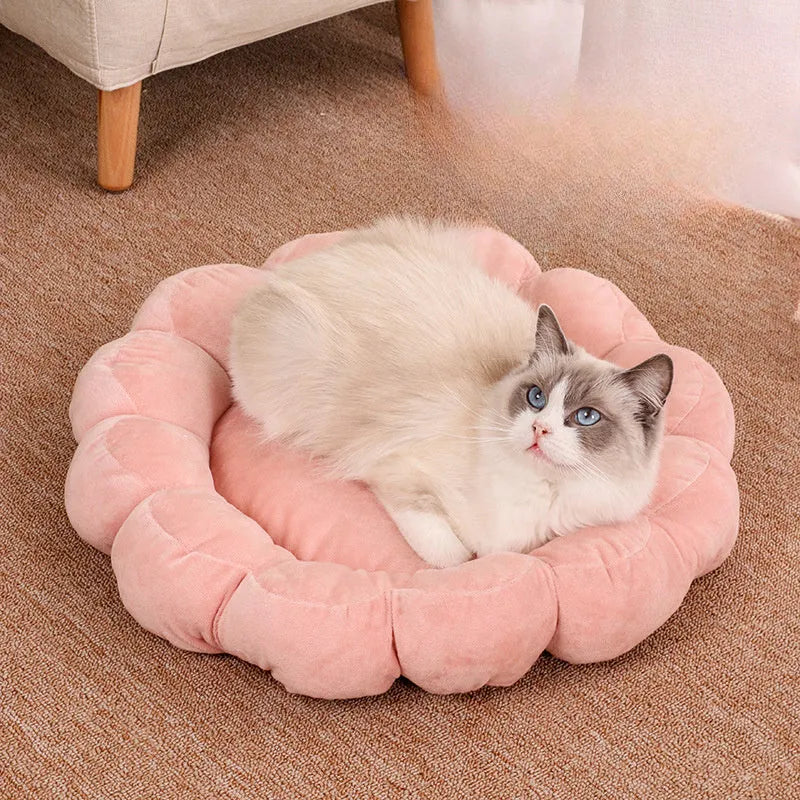 Blue half-surrounded square plush pet bed for dogs and cats on a wooden floor