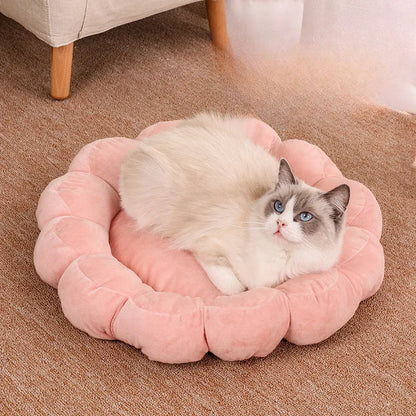Blue half-surrounded square plush pet bed for dogs and cats on a wooden floor