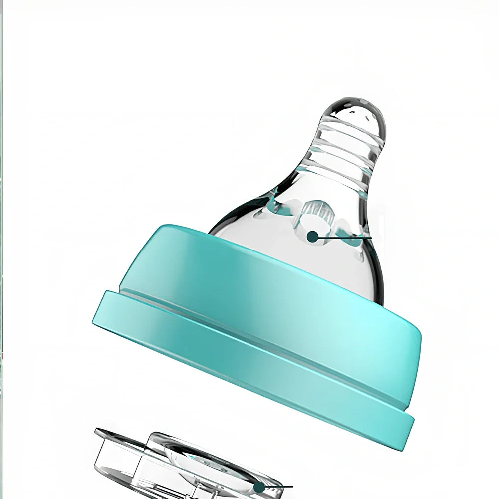 Baby feeding bottle with curved double handles in blue or pink, showing wide caliber opening and transparent PP construction