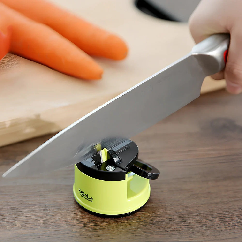 Fixed angle whetstone bar sharpener with tungsten steel slots and arrow indicators on mustard green ABS housing