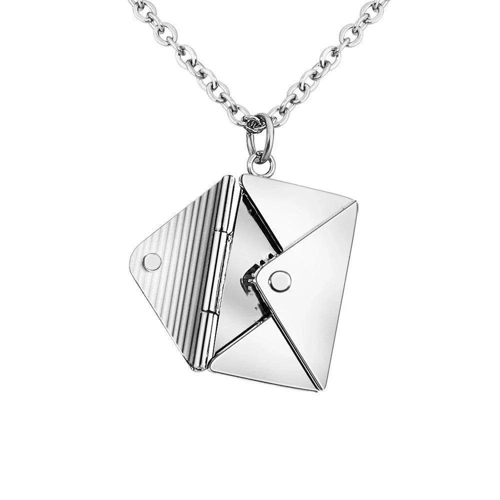 Stylish titanium steel envelope necklace with a discreet compartment for storing personal keepsakes