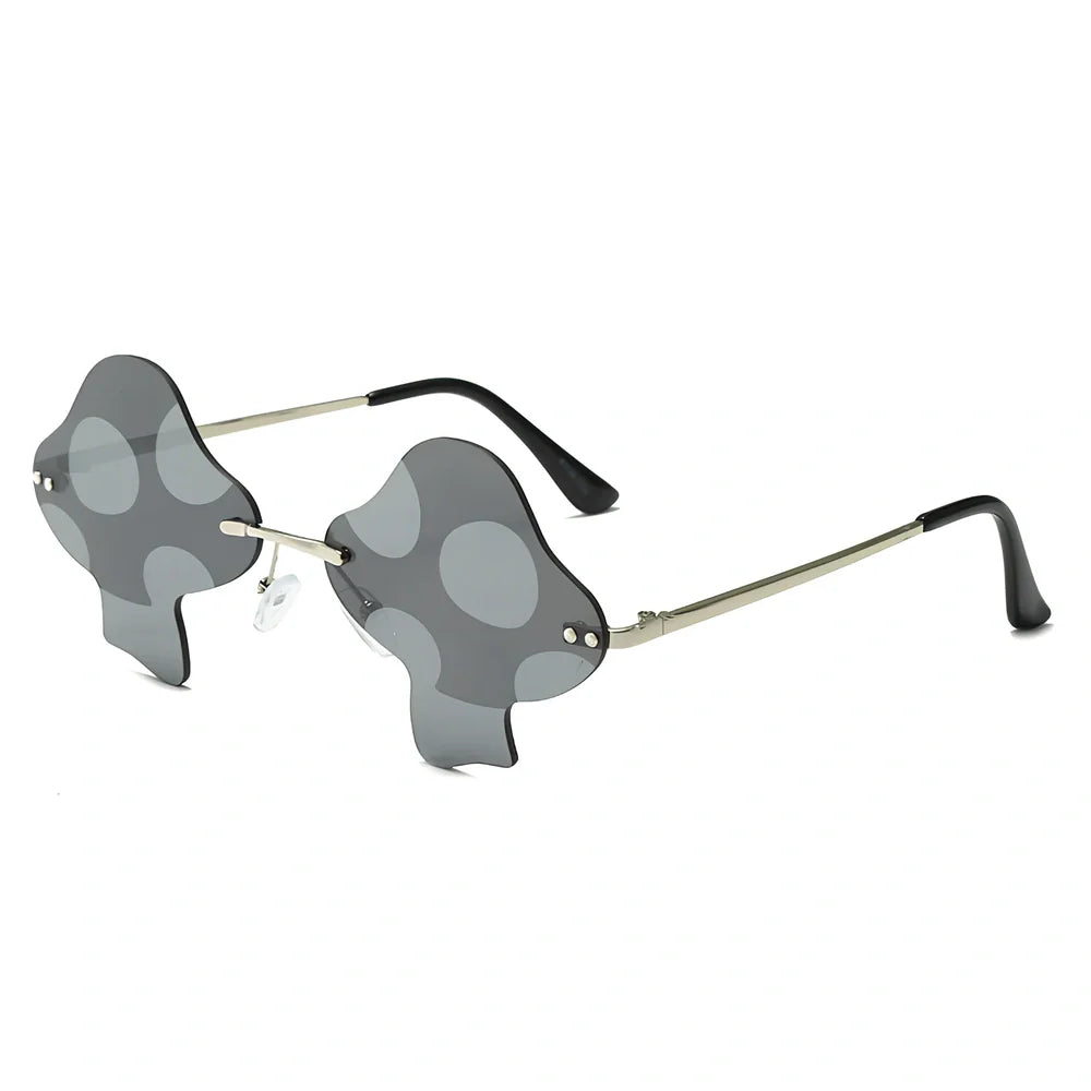 Rimless sunglasses with blue lenses and gold metal frames showing Class 3 protection and adjustable ports