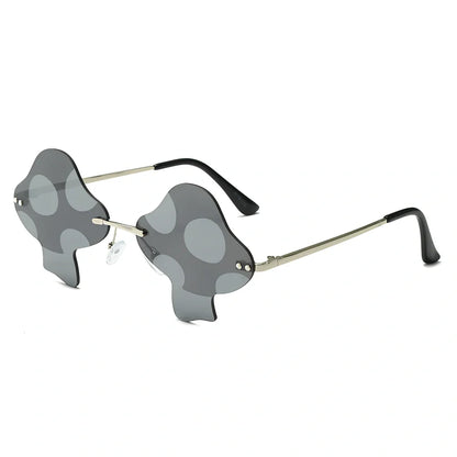 Rimless sunglasses with blue lenses and gold metal frames showing Class 3 protection and adjustable ports