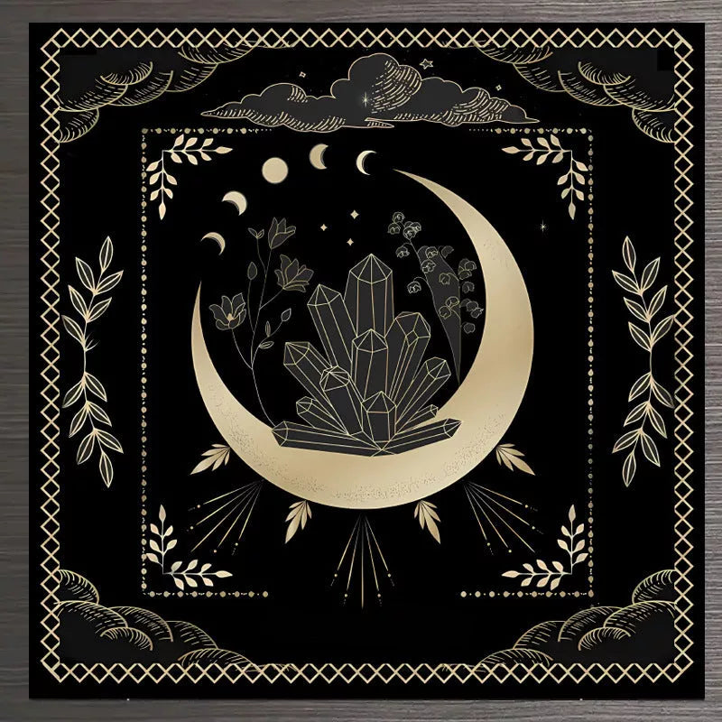 Nordic style tarot tablecloth with mandala, moon phase, floral, and butterfly designs