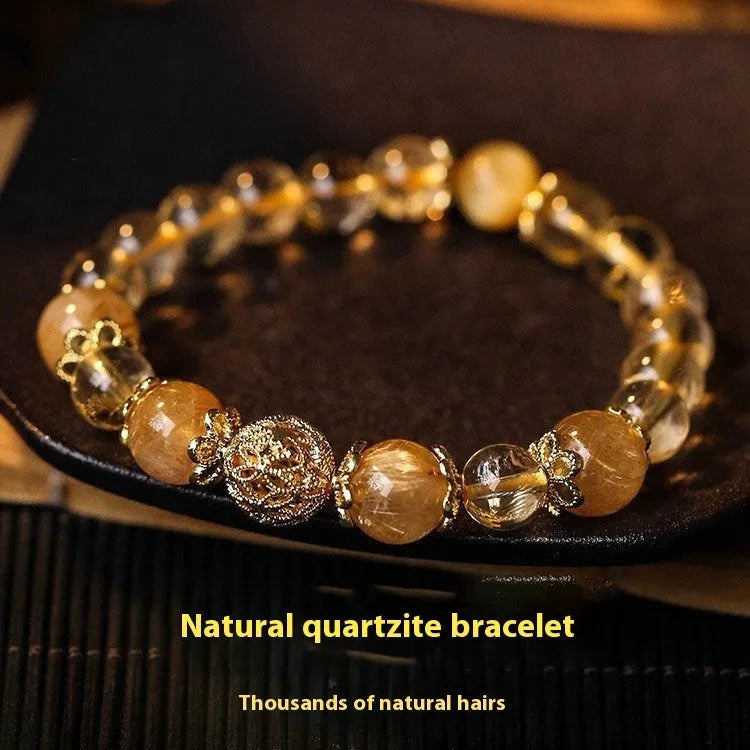Personality citrine lucky bracelet for women featuring artificial crystal beads in electroplated rich yellow gold or amethyst gold hydrangea colours, a retro style bracelet designed as a single piece accessory with adjustable or standard fitting.