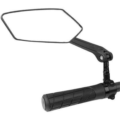 Black bicycle rearview mirror with 360 rotation adjustment for 2-2.4cm handlebars, shown with installation tools
