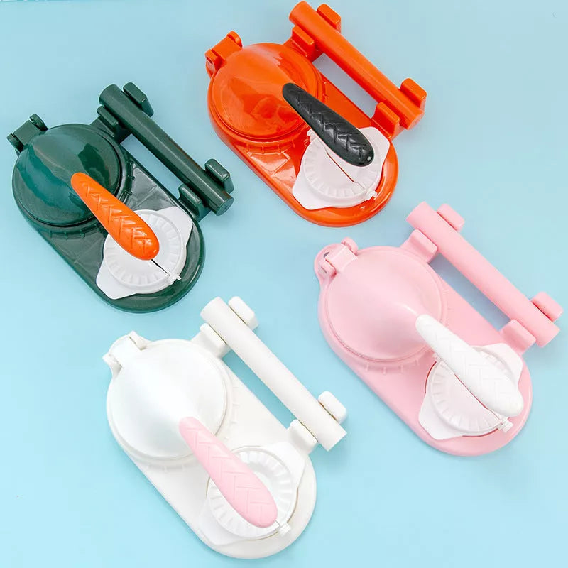 3-in-1 dumpling maker with ergonomic handle in pink, orange, white, and green
