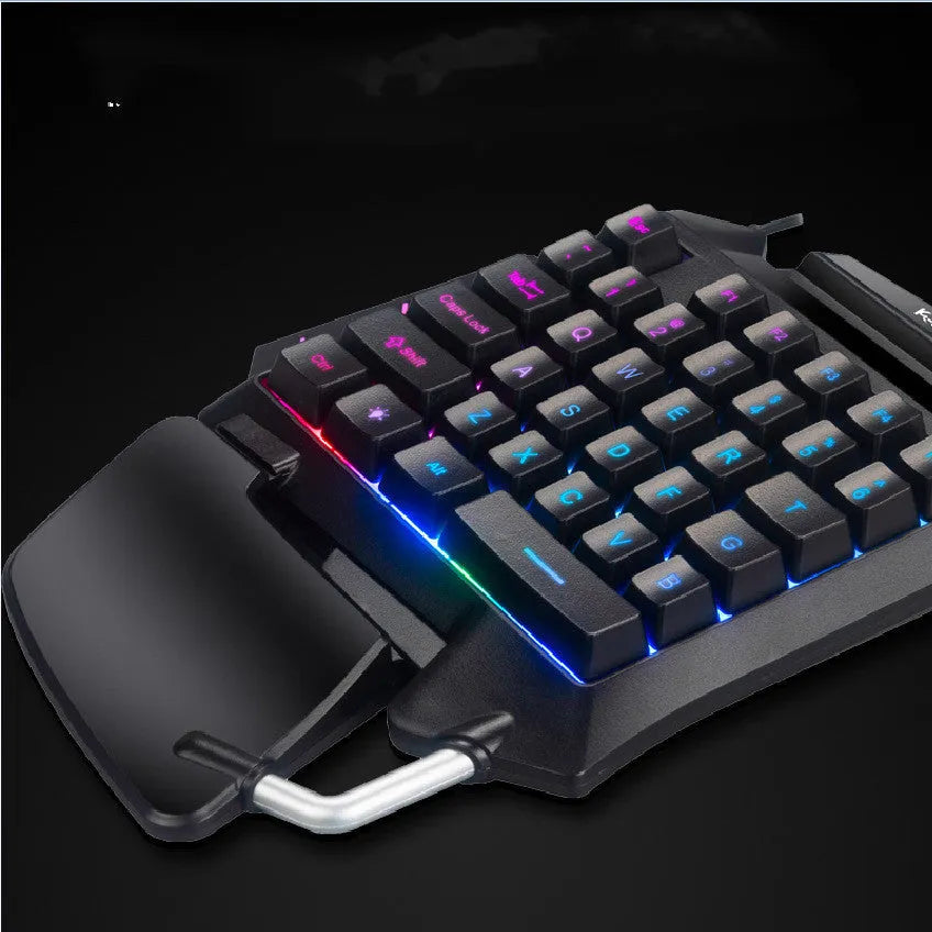 Black left-handed one-handed desktop gaming keyboard with USB cable and integrated hand rest