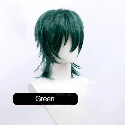Short black anime-style cosplay wig for men with a lengthened hair tail, made from synthetic fibre.
