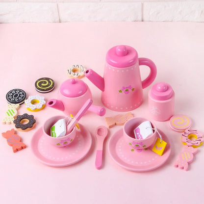 Wooden children's tea set in Barbara pink with cookie pattern, includes teapot and cups for pretend play