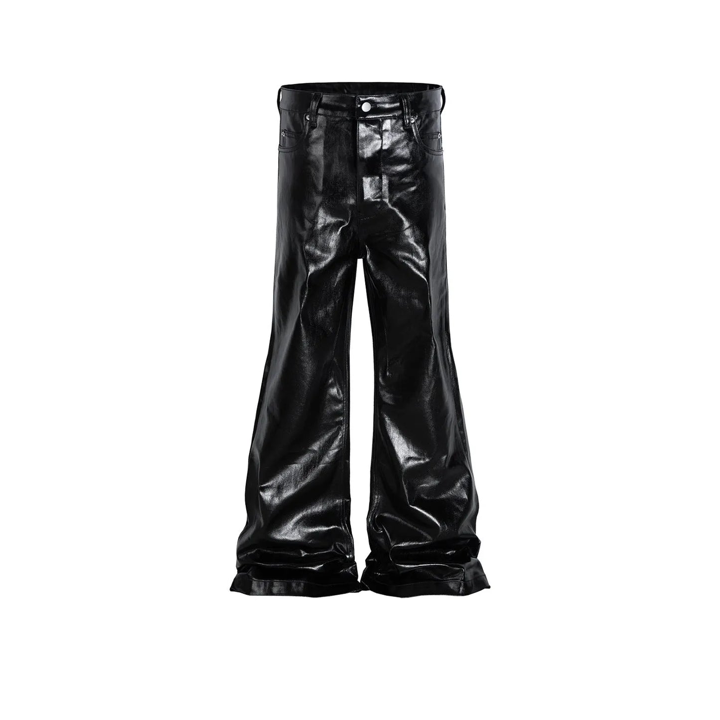 Black patent leather finish skinny jeans with straight leg cut on cotton denim