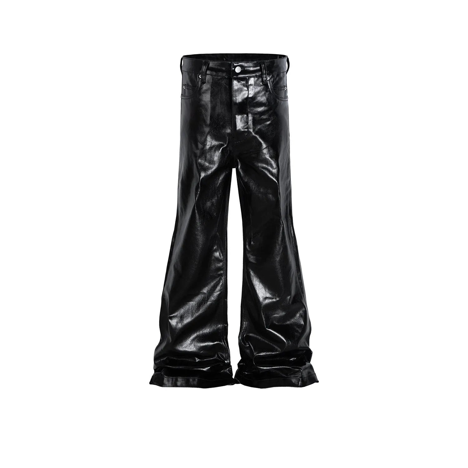 Black patent leather finish skinny jeans with straight leg cut on cotton denim