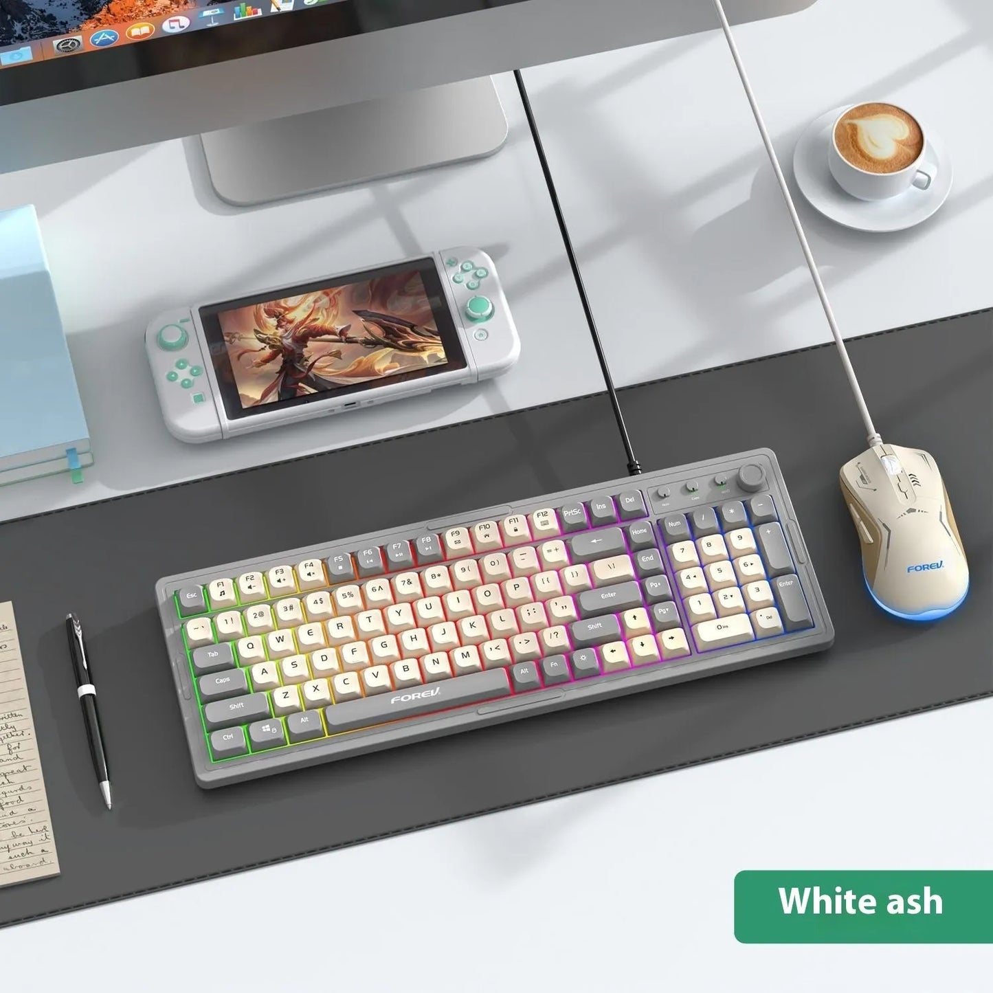 K98 mechanical keyboard and matching wireless mouse in a selected colour from the range on a desk.