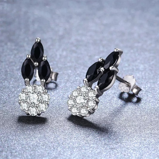 Black round zircon copper-plated stud earrings for women