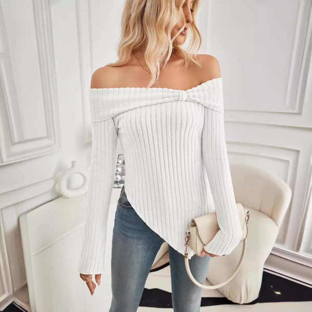 Women's ribbed knit one shoulder sweater with bow tie detail in various colors
