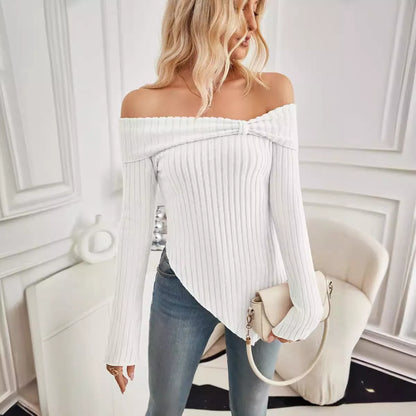 Women's ribbed knit one shoulder sweater with bow tie detail in various colors