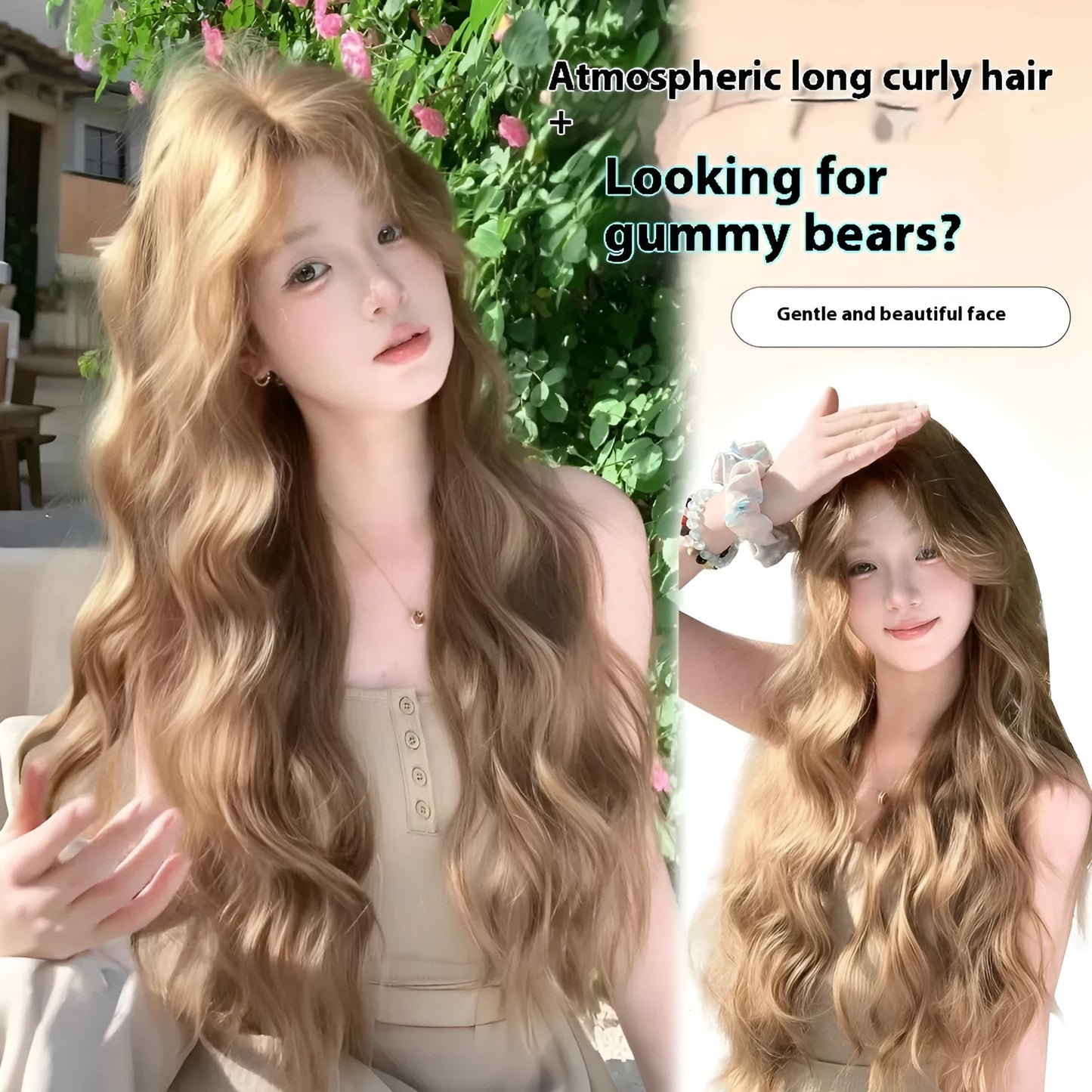 Medium length synthetic wig with linen coloured long curly hair style and hair net