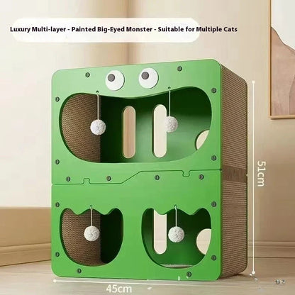 Double layer cat scratching board with owl design panel and integrated resting nest