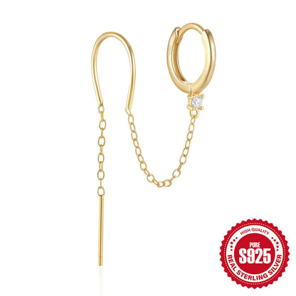 S925 sterling silver geometric ear clip stud earrings with flower and tassel elements in golden colour