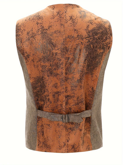Men's brown sleeveless contrast waistcoat in British style with steampunk and American retro influences, sizes L to XXXL.