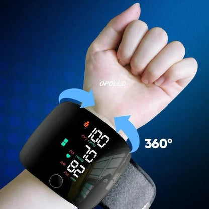 Black wrist blood pressure monitor with USB charging port and multilingual voice guidance options