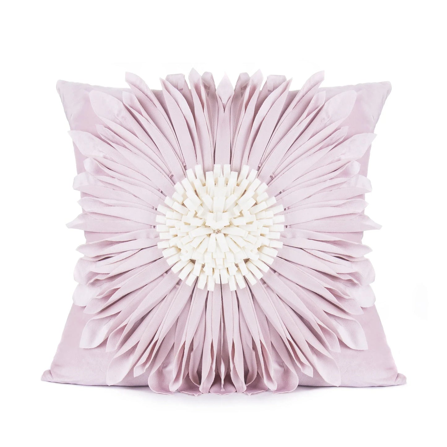 Stylish velvet throw pillows with 3D chrysanthemum embellishments in blue, yellow, pink, and white colors