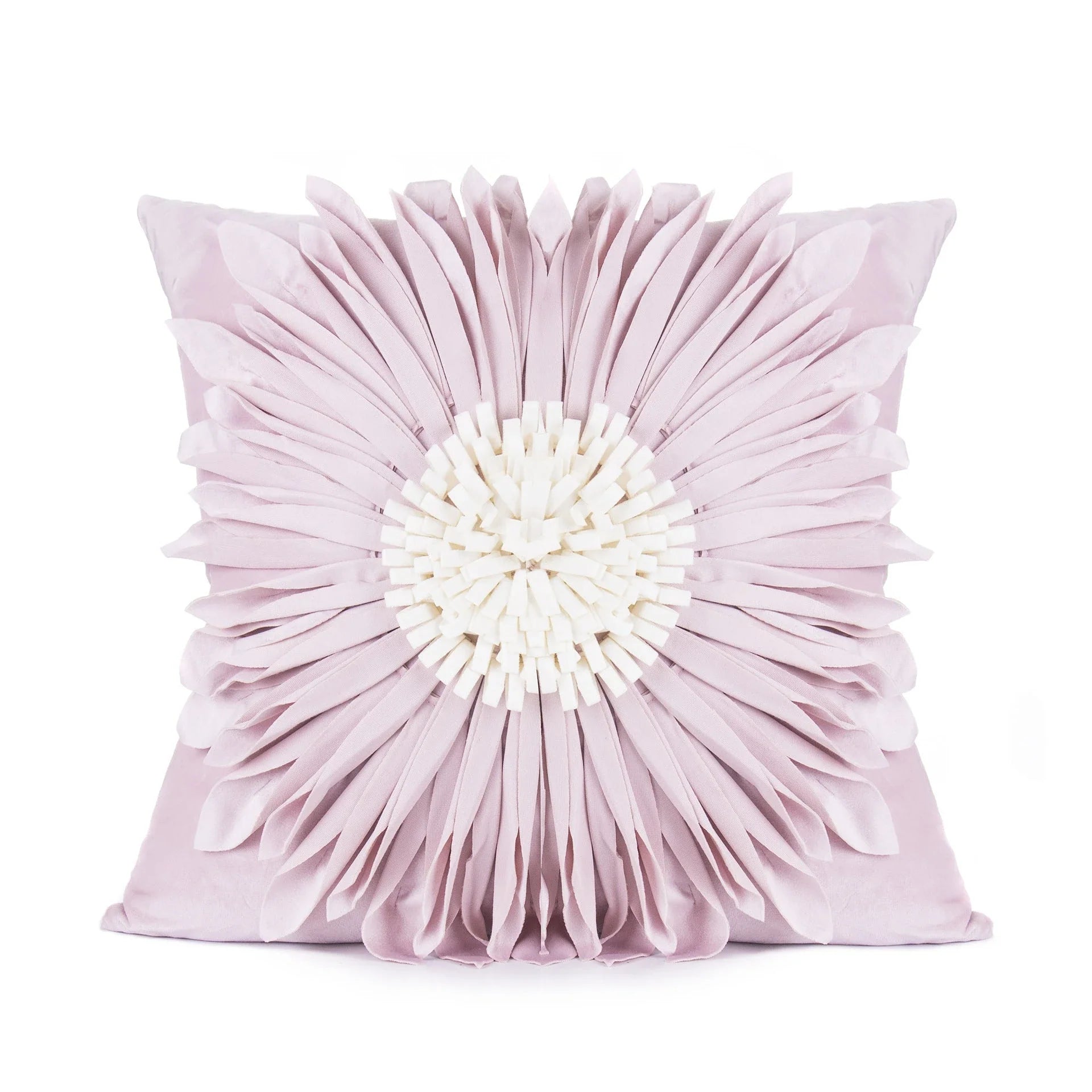 Stylish velvet throw pillows with 3D chrysanthemum embellishments in blue, yellow, pink, and white colors