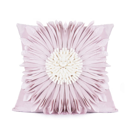 Stylish velvet throw pillows with 3D chrysanthemum embellishments in blue, yellow, pink, and white colors