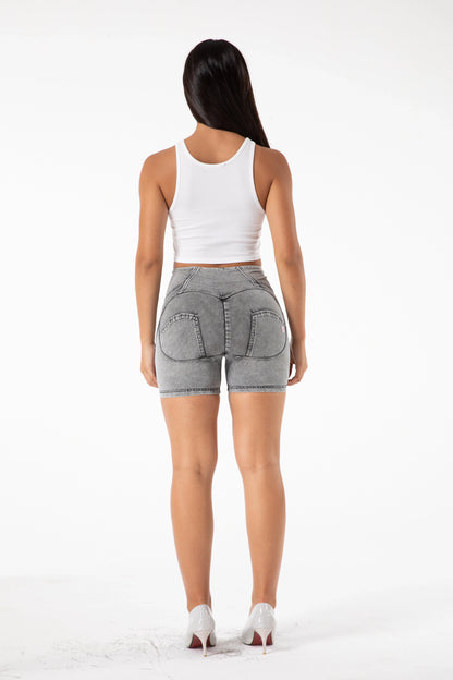 Shascullfites Melody High Waisted Denim Shorts in grey, offering soft stretch and comfort for women