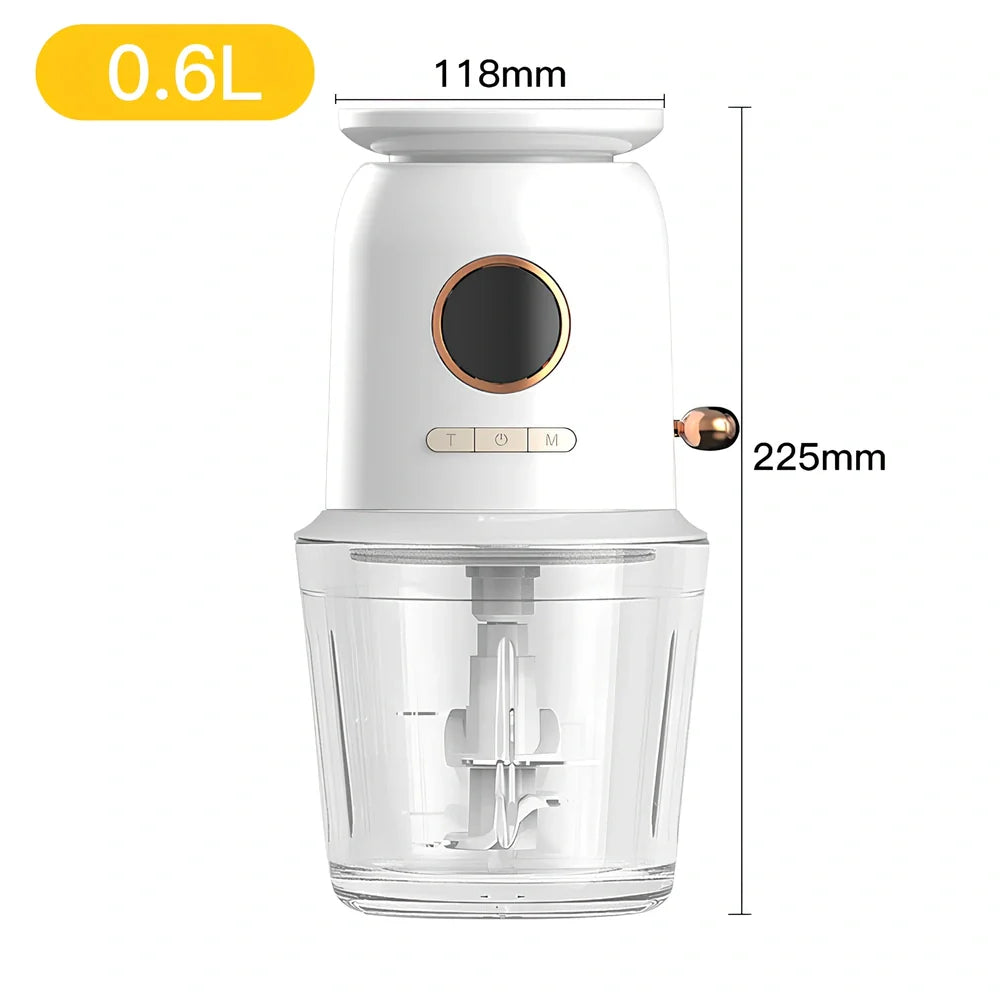 White baby food machine with USB charging cable, 100x100x195mm dimensions