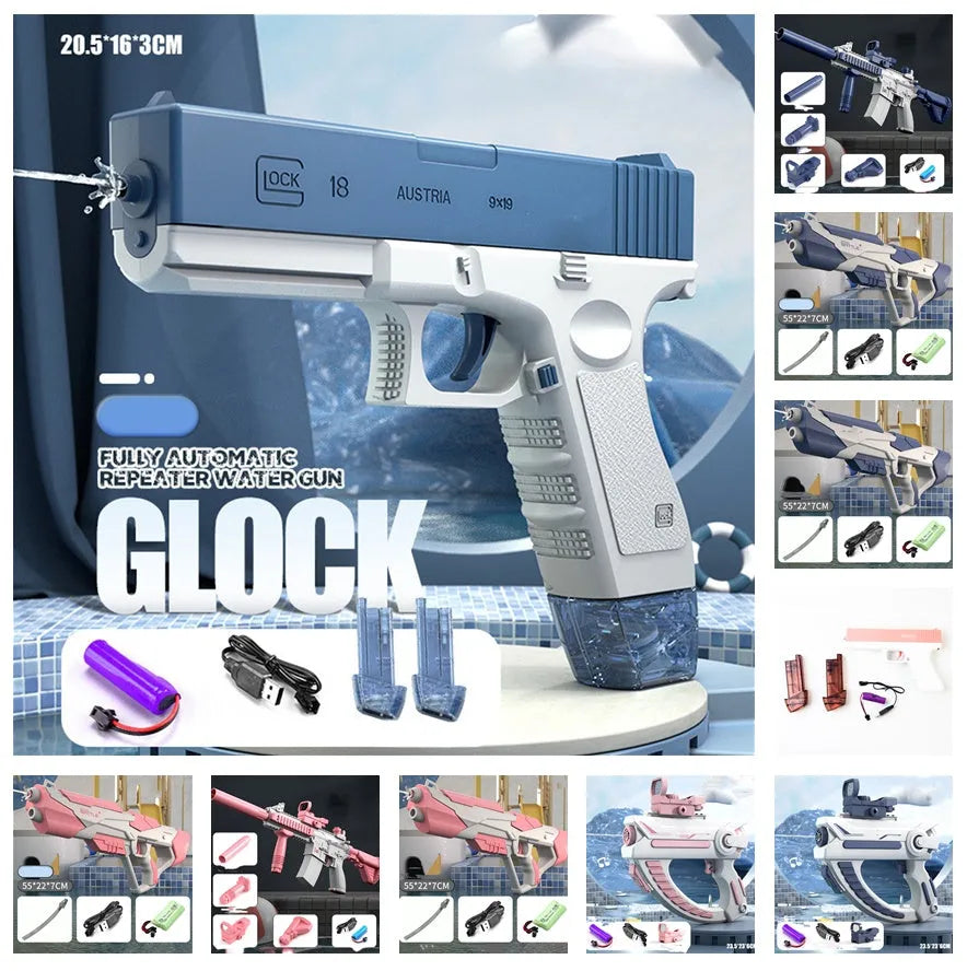 Blue automatic electric water gun with USB charging port and anti-skid grip handle.
