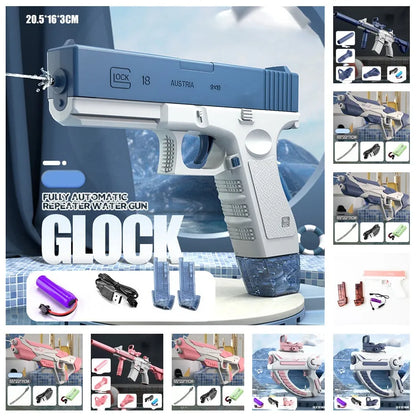 Blue automatic electric water gun with USB charging port and anti-skid grip handle.