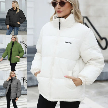 Women's windproof winter coat in white, black, grey, and green