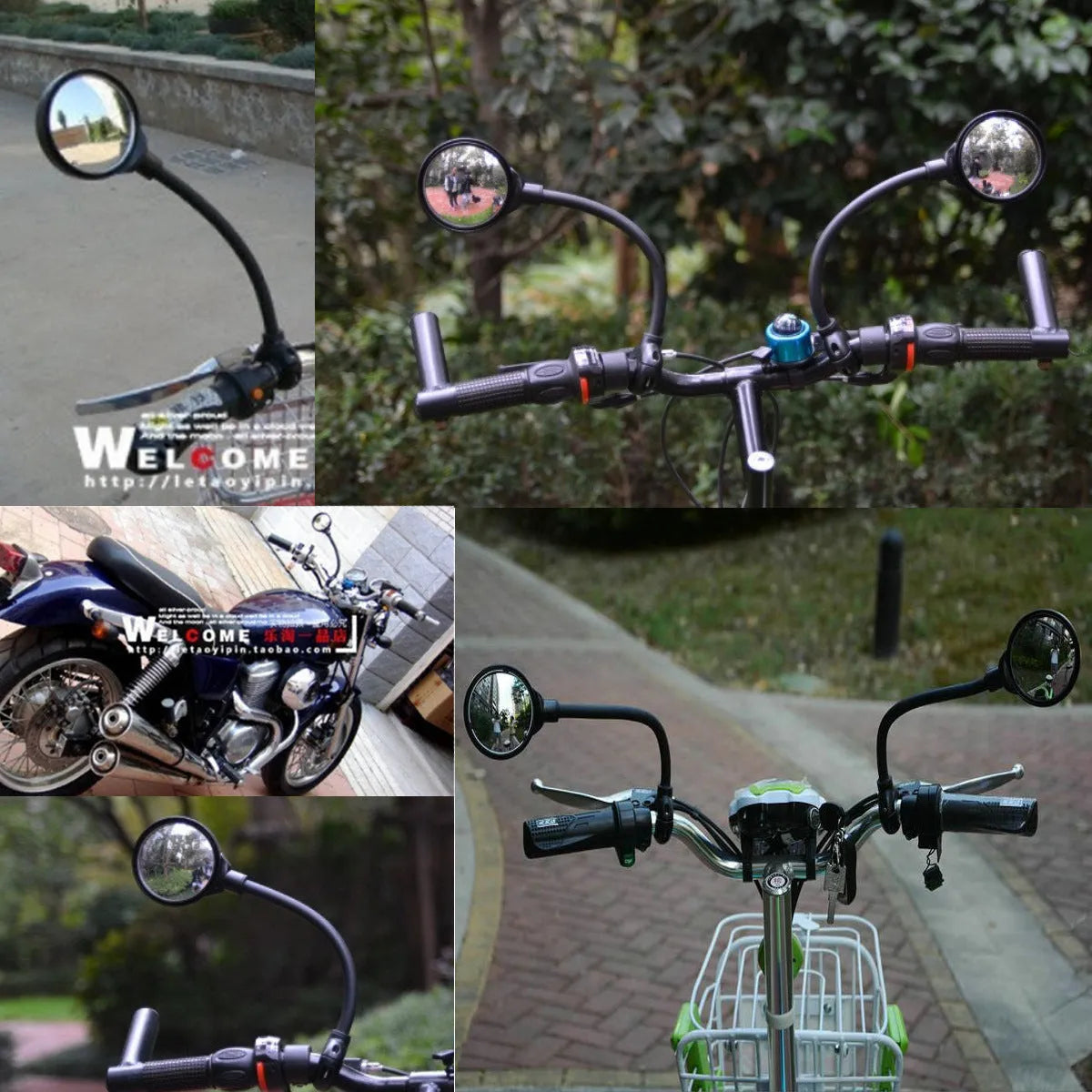 Black metal bicycle rearview mirror with hose clamp adjustment mounted on helmet, two-pack configuration