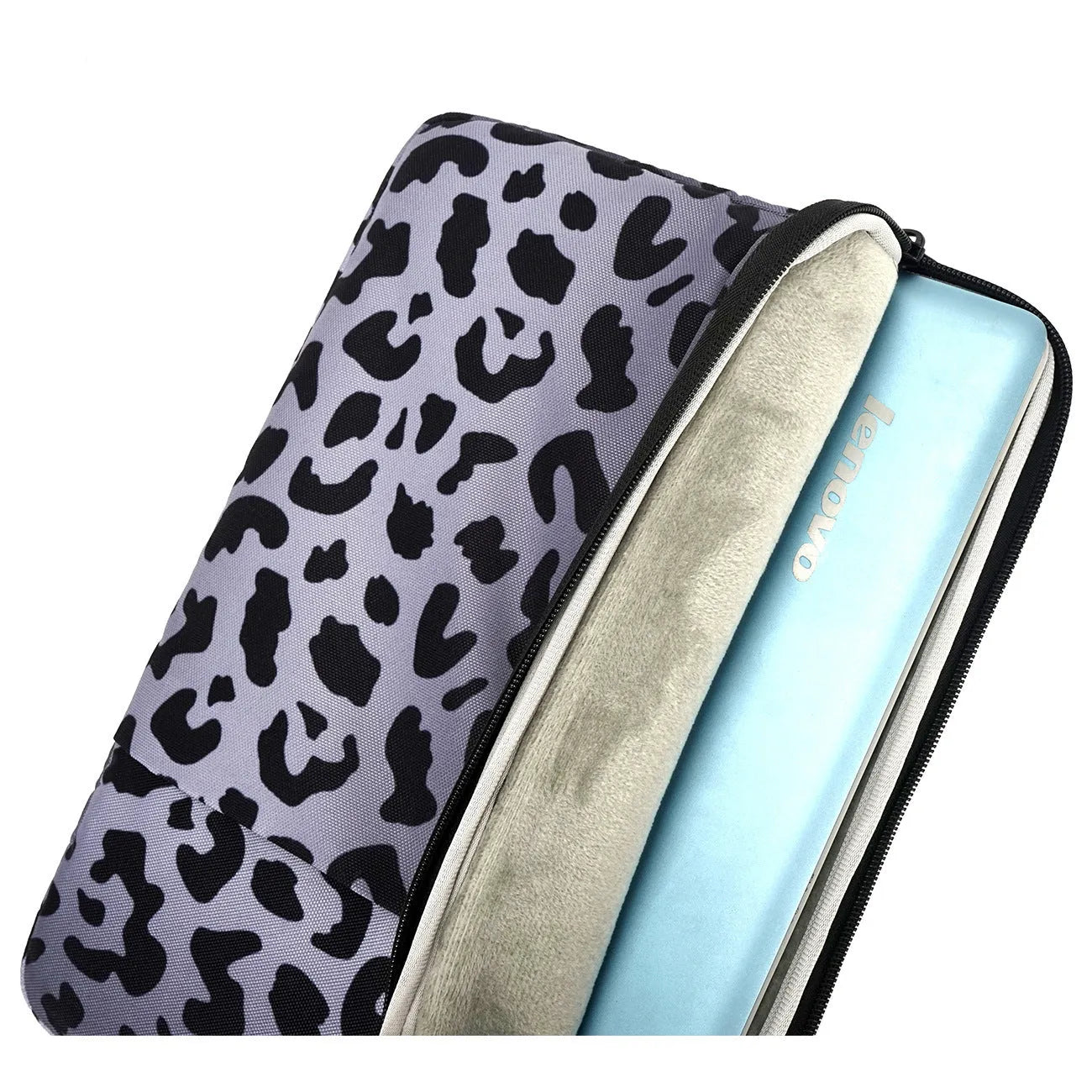 Leopard print waterproof laptop sleeve for 13-inch to 16-inch devices with anti-shock flannel protection.
