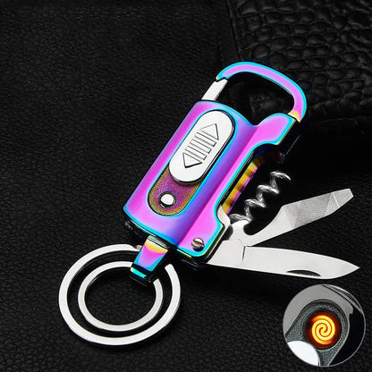 Multi-functional keychain charging lighter in zinc alloy, 10cm, ice surface finish, five colour options