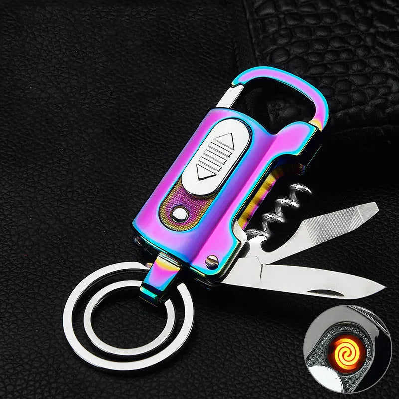 Multi-Functional Keychain Charging Lighter in Zinc Alloy, 10cm Mini Portable Cigarette Lighter for Wild Camping and Everyday Carry, Ice Surface Finish, Choice of Five Colours
