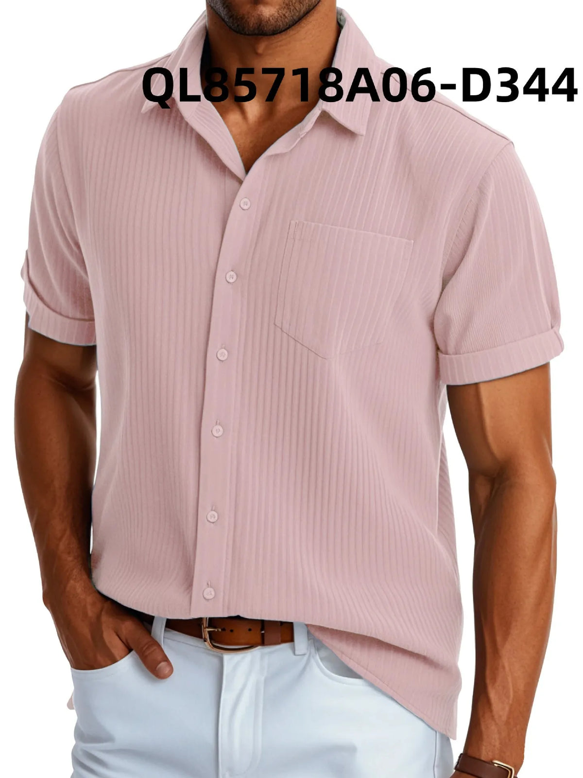 Man wearing a loose fit printed short sleeve lapel shirt in a casual setting
