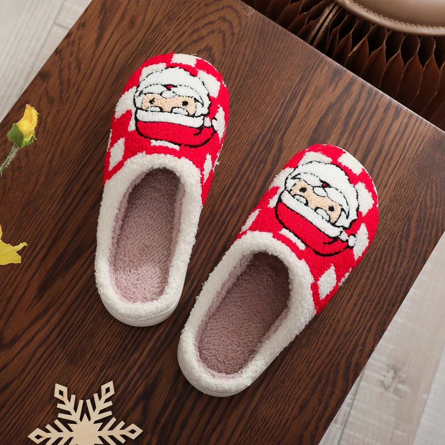 Cozy plaid Christmas slippers with soft, plush fabric and non-slip sole for indoor wear