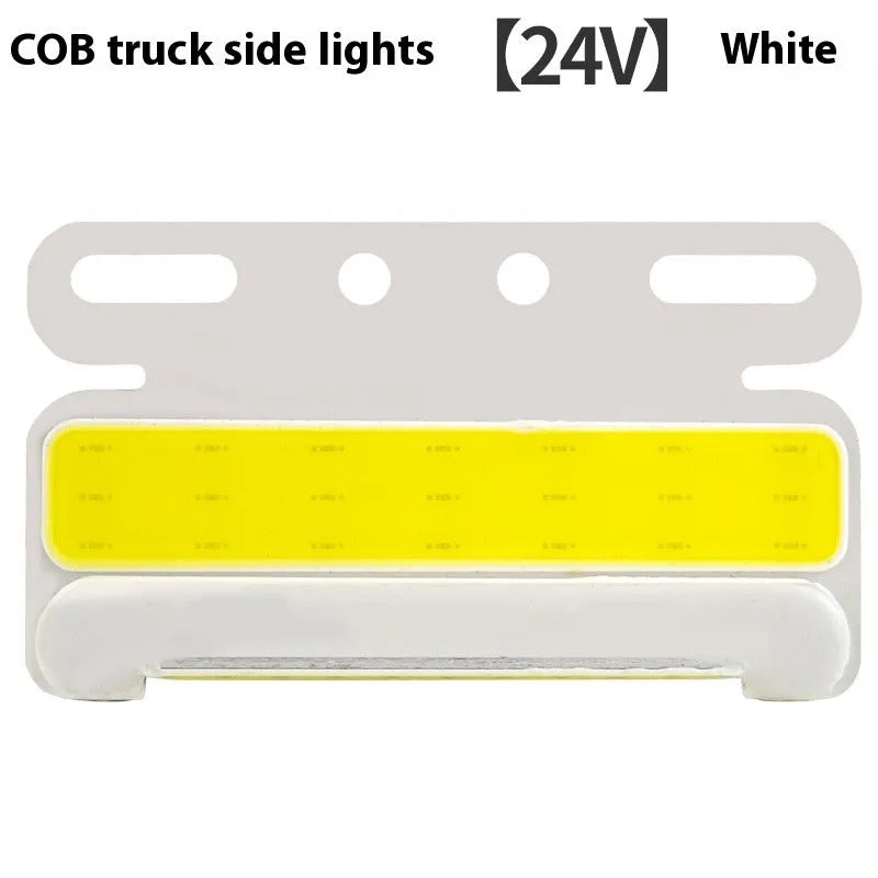 COB LED truck side light in aluminium alloy housing, showing red, yellow, green, blue, or white options for 12V and 24V vehicles