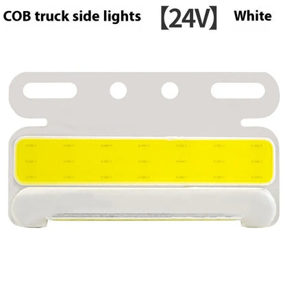 COB LED truck side light in aluminium alloy housing, showing red, yellow, green, blue, or white options for 12V and 24V vehicles