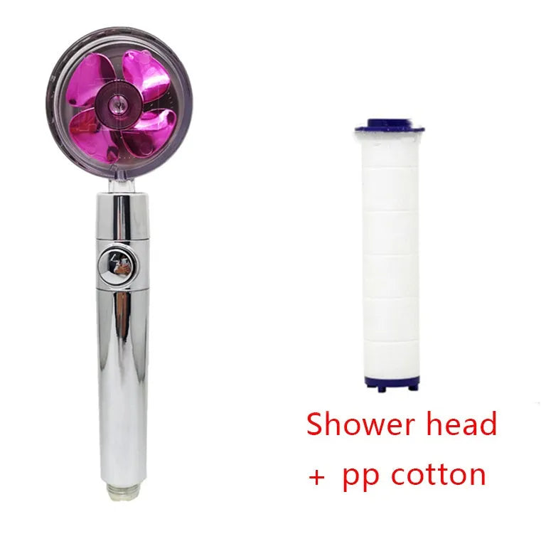 Chrome-finished ABS plastic water-saving shower head with a round, rotating spray head.