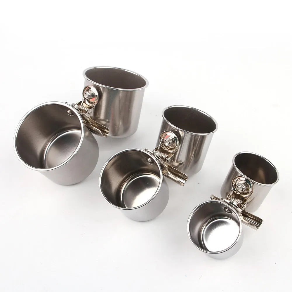 Stainless steel bird feeder outdoor food container in natural metal finish.